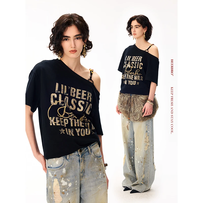 『艺术流浪』『莱赛尔』天丝棉绣花斜肩短袖T恤 BZ25CJT008-1TE