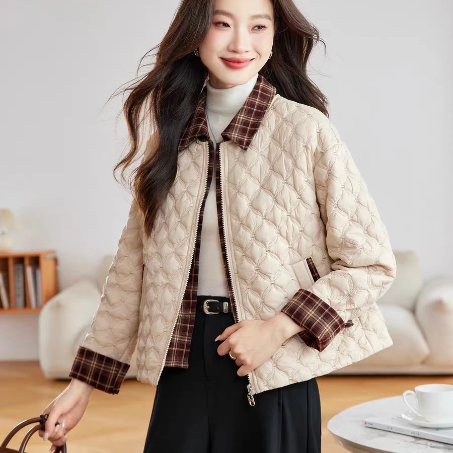 5010冬季新款女款独特菱格拼接夹棉外套时尚百搭轻薄棉衣