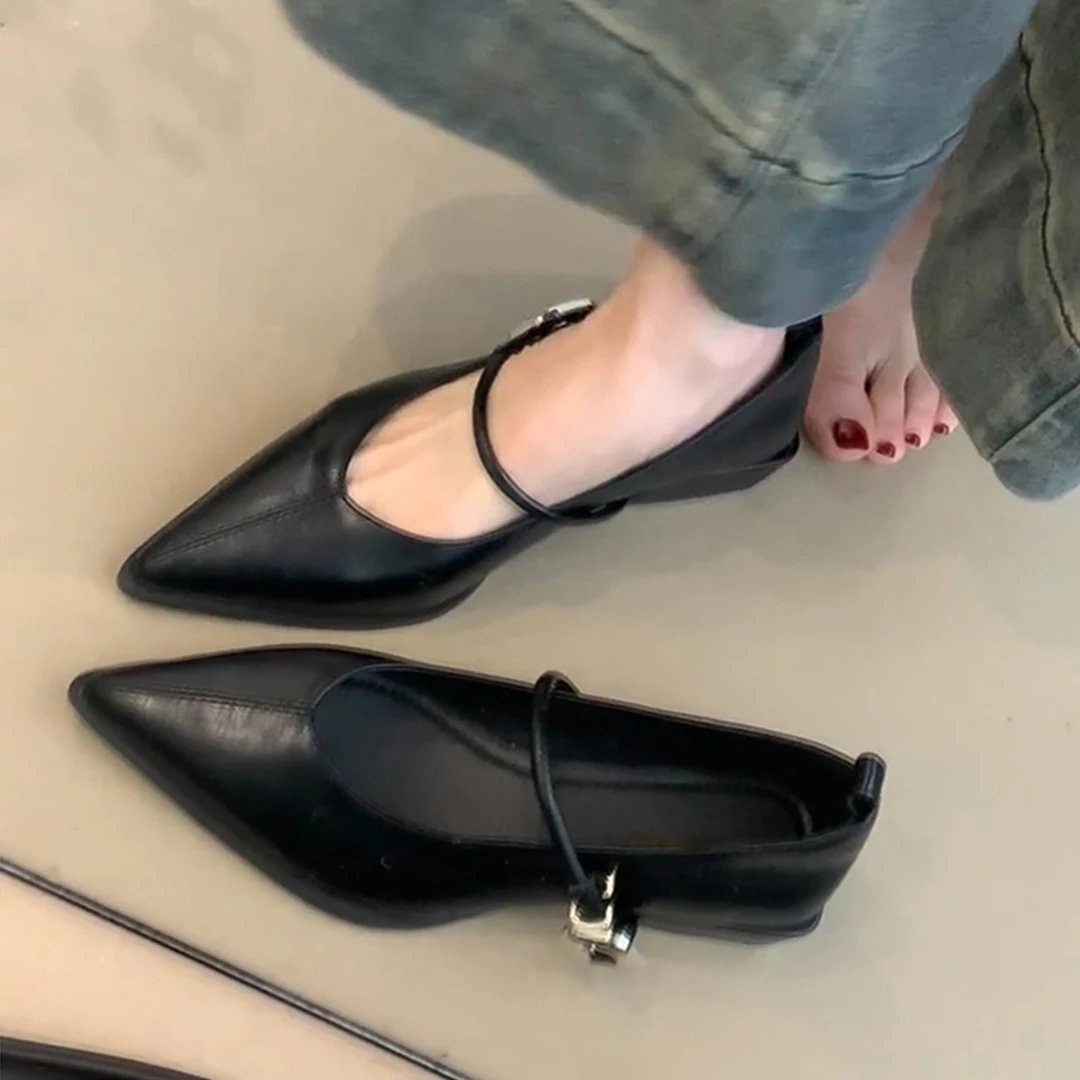 羊皮版~复古气质尖头玛丽珍鞋女一字带扣真皮浅口单鞋粗跟小皮鞋