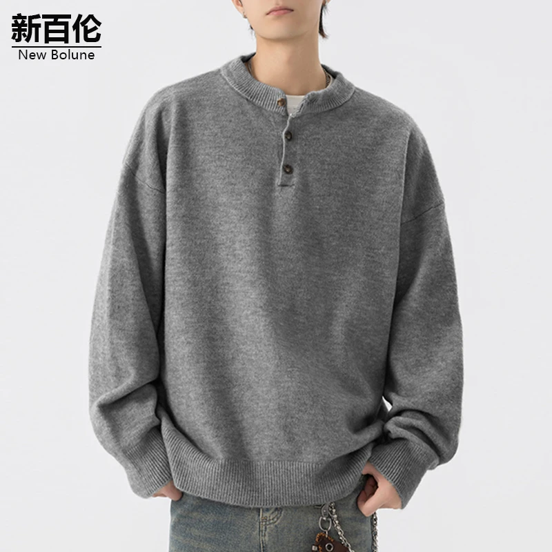 新百伦/NEW BOLUNE秋冬休闲毛衣男日系潮流简约百搭宽松圆领上衣