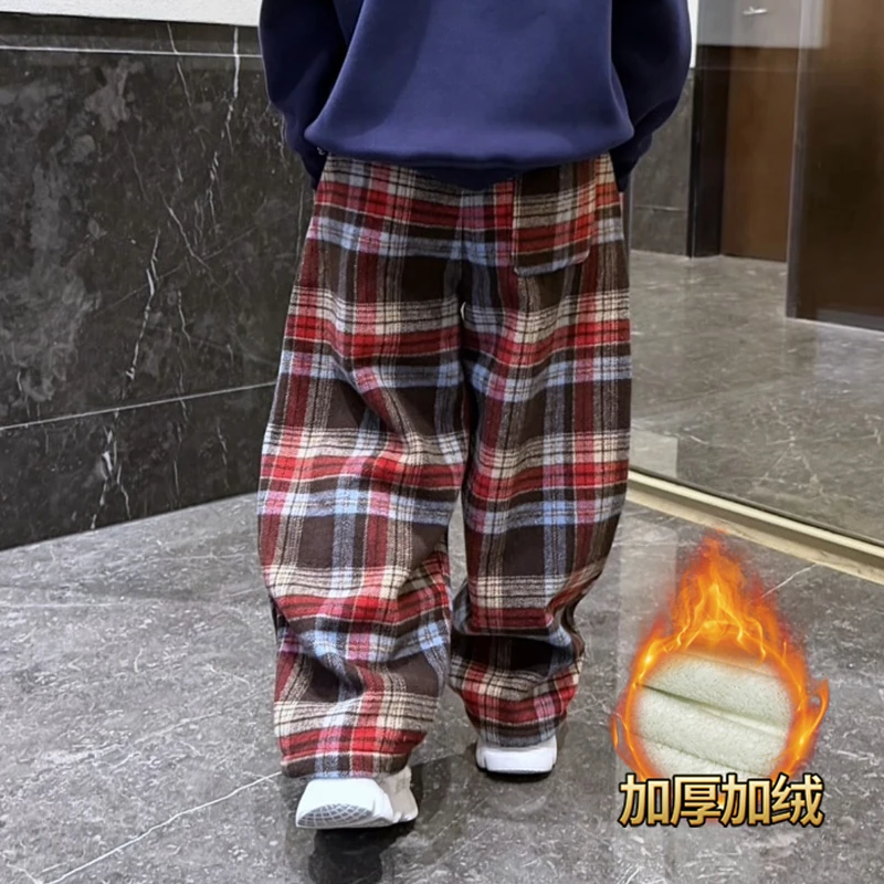 男童冬季加绒格子休闲裤2025新款中童韩版宽松弯刀裤男孩百搭裤子