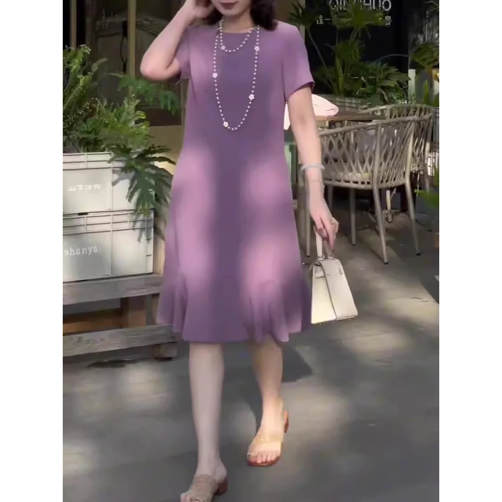 欧货2025年夏季新款女宽松显瘦香风紫色短袖连衣裙中长款短裙重磅