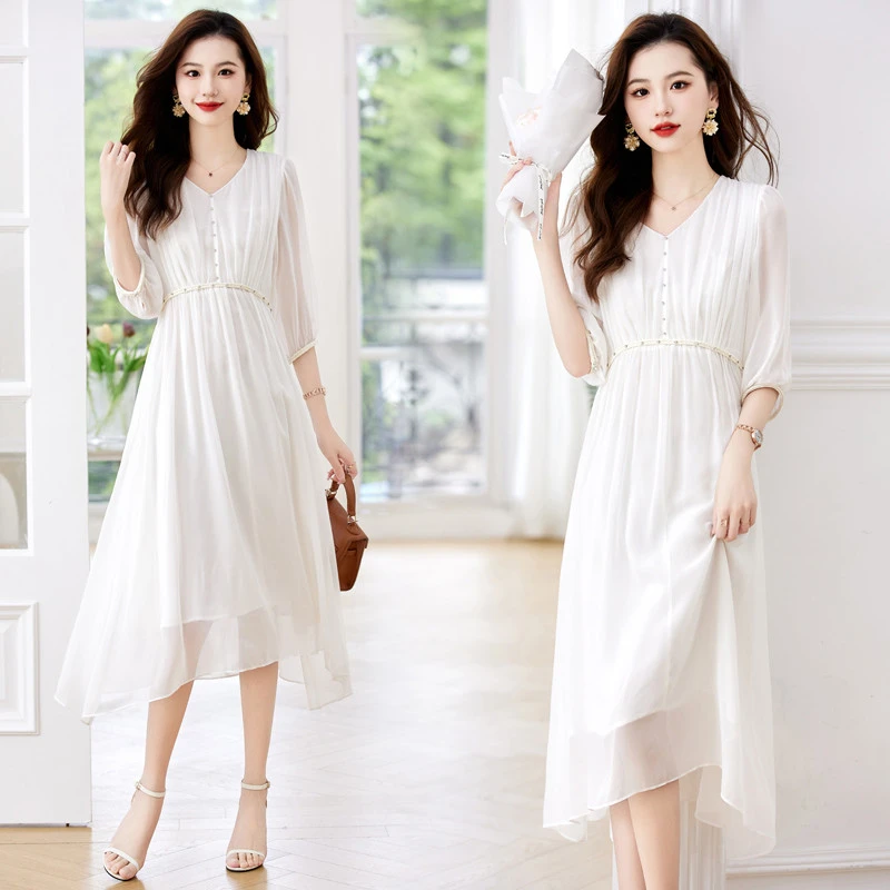 杭州真丝连衣裙夏女法式气质高端显瘦收腰度假温柔白色桑蚕丝裙子