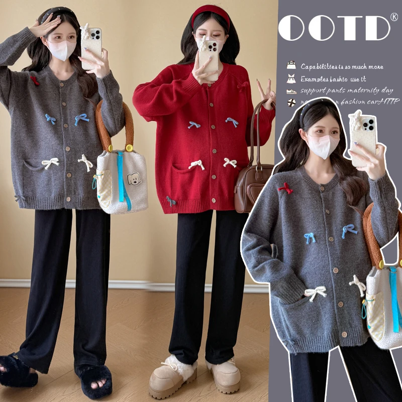 时髦孕妇装新款秋冬时尚显瘦减龄蝴蝶结毛衣开衫外套加阔腿裤套装