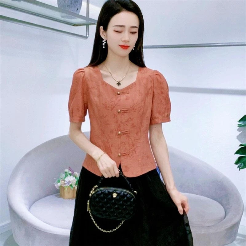 维多利亚新中式短袖t恤衬衫女装2024夏季新中式国风盘扣短袖上衣