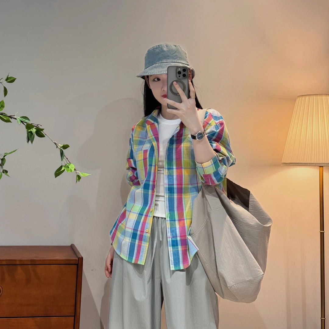 【彩虹格】复古休闲百搭清爽透气宽松彩色格子衬衫女-M25106344