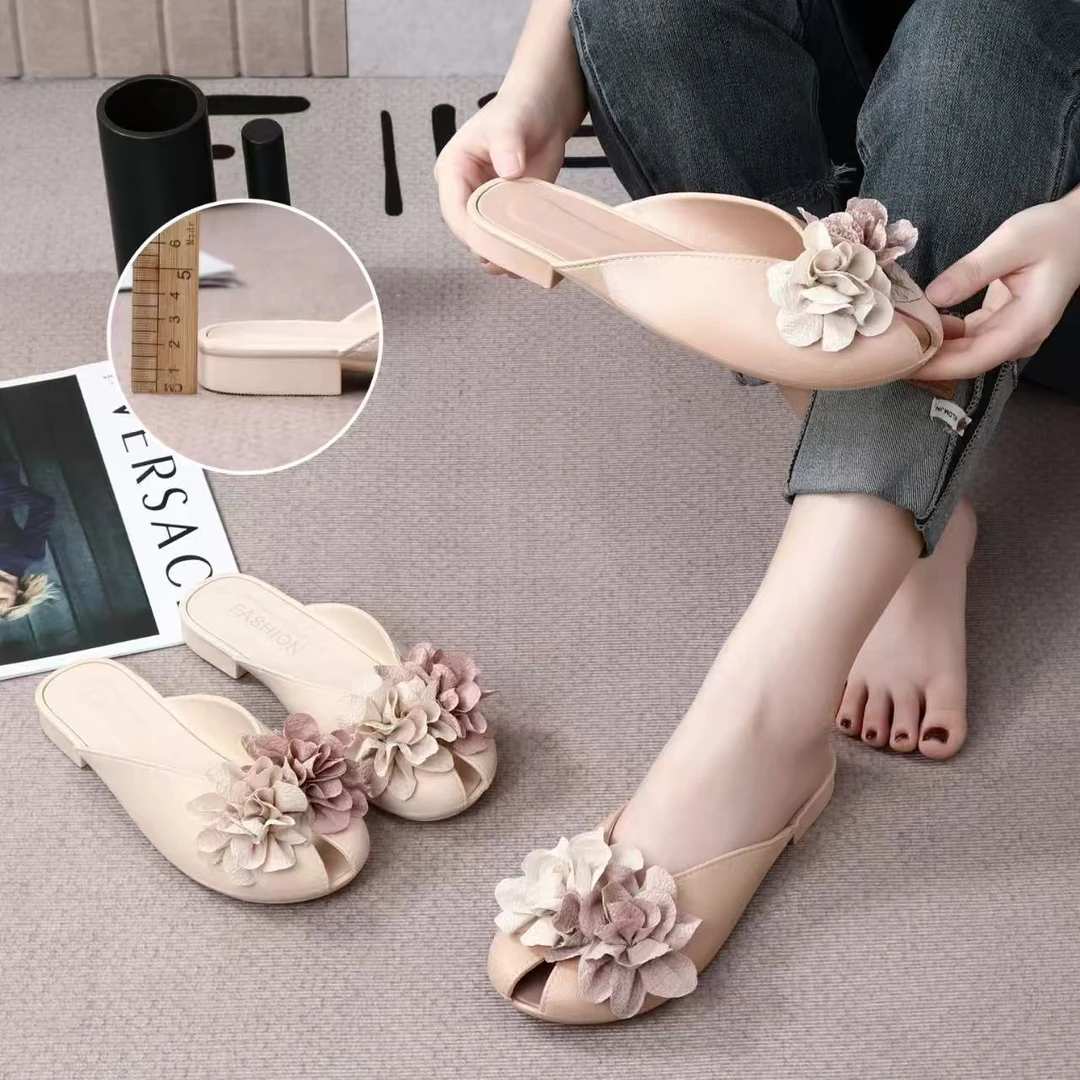 双花包头拖鞋甜美温柔时尚百搭配裙子懒人舒适平底防滑凉鞋凉拖