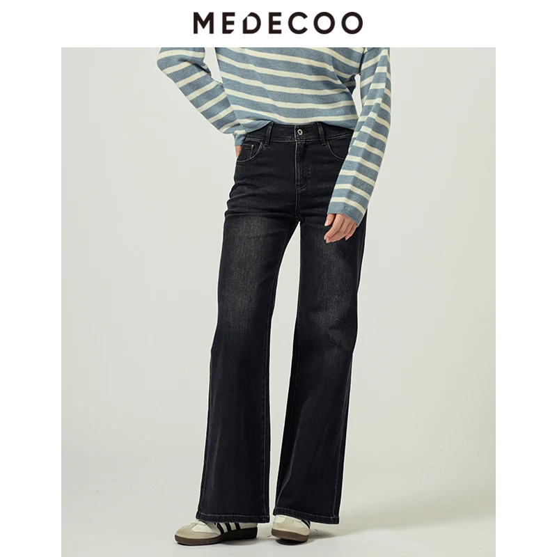 MEDECOO/墨蒂珂2025冬季新款 深色显瘦猫须直筒棉牛仔裤DJD80703
