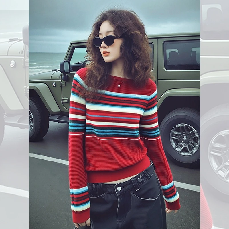 独特漂亮内搭红色条纹针织小衫毛衣女装秋冬洋气打底衫百搭上衣服