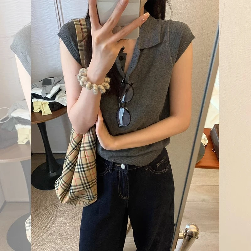 深灰色正肩针织短袖T恤女夏季薄款polo衫夏日小众不撞款显瘦上衣