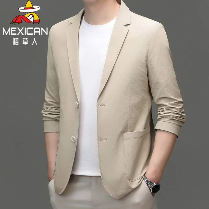 稻草人冰丝西服夏季男士新款休闲时尚薄款百搭防晒上衣外套男轻薄