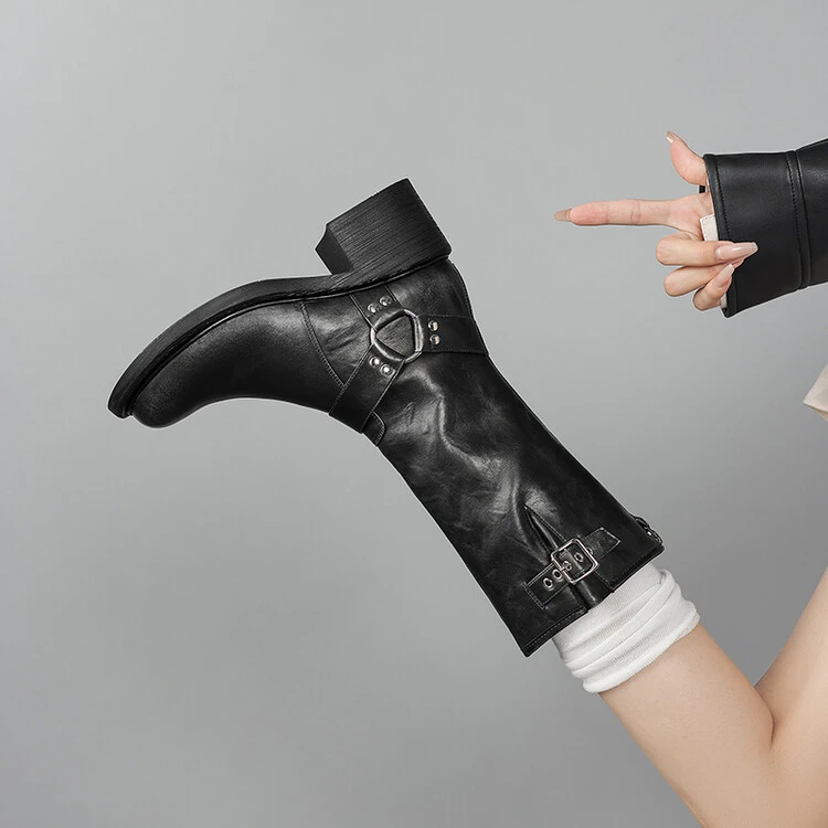 英伦复古风皮带扣中筒骑士靴女秋冬款真皮圆头厚底粗跟西部牛仔靴