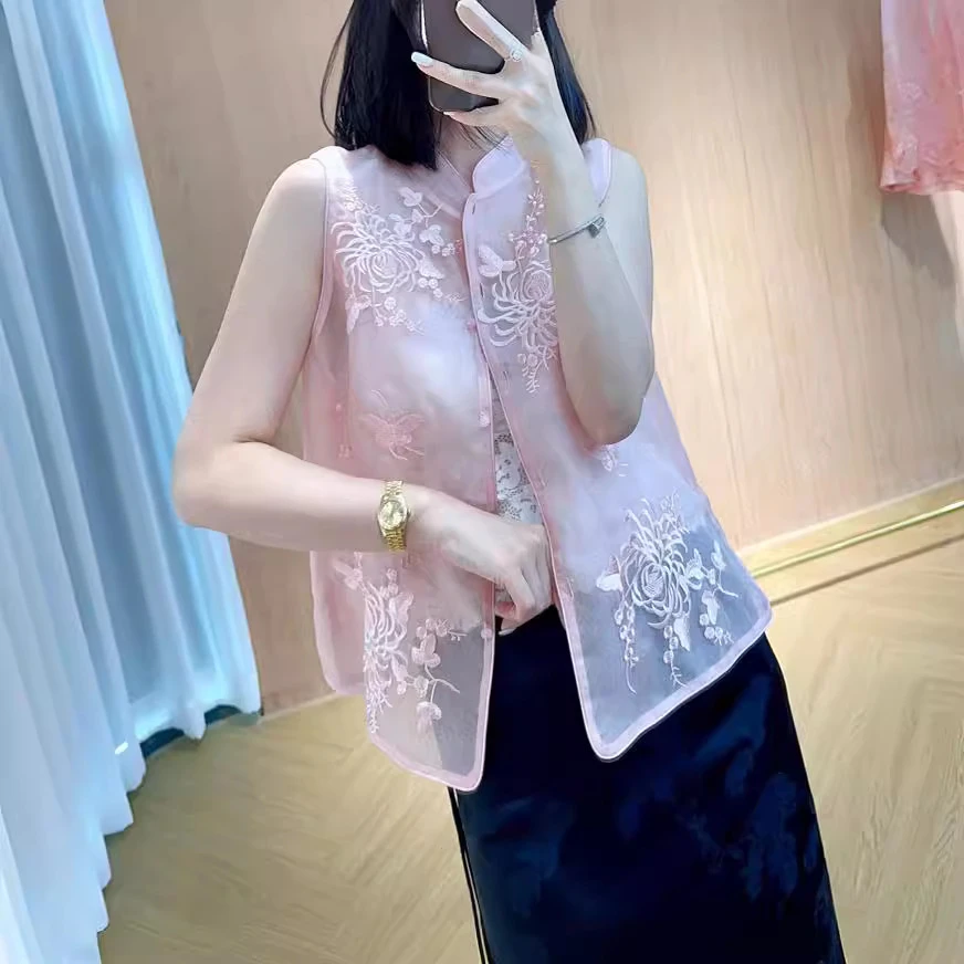 粉色减龄复古马甲中国风上衣2024夏季新款中式绣花国风薄款坎肩