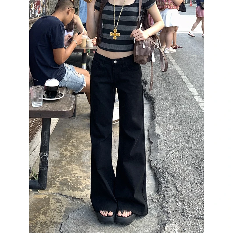 黑色低腰微喇牛仔裤女夏季新款修身小脚喇叭马蹄直筒显瘦阔腿裤子