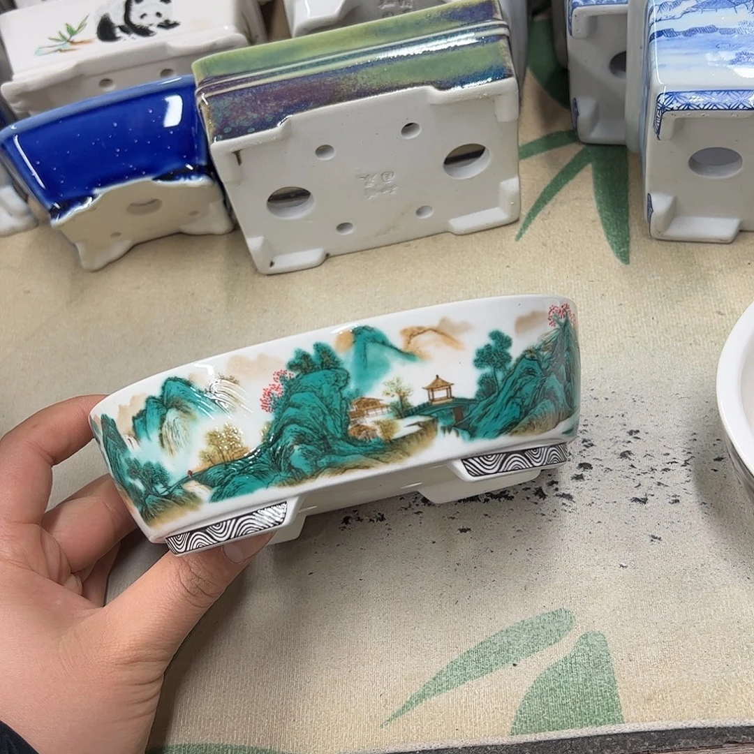 紫砂花盆528号瑕疵15/12/5cm仿手绘青绿山水