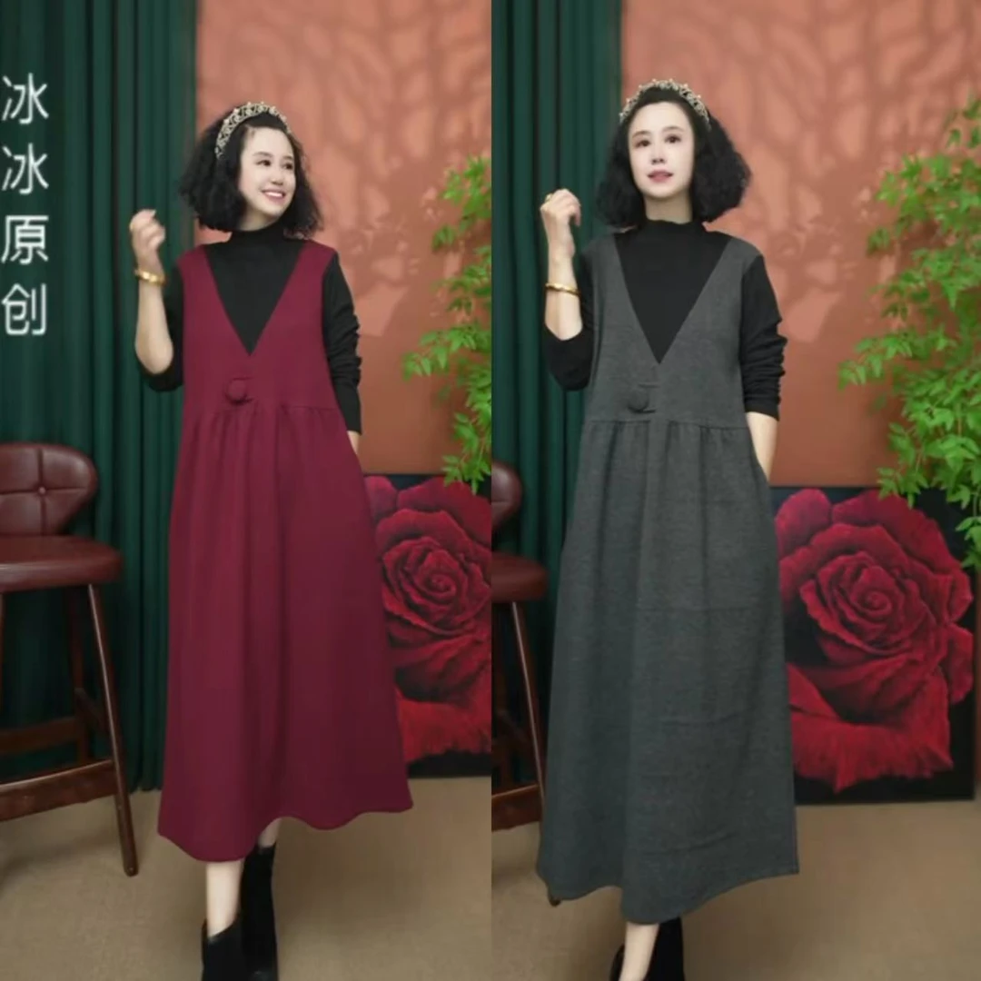 【冰冰1021】秋冬新款一粒扣假两件减龄显瘦时尚连衣裙-1021