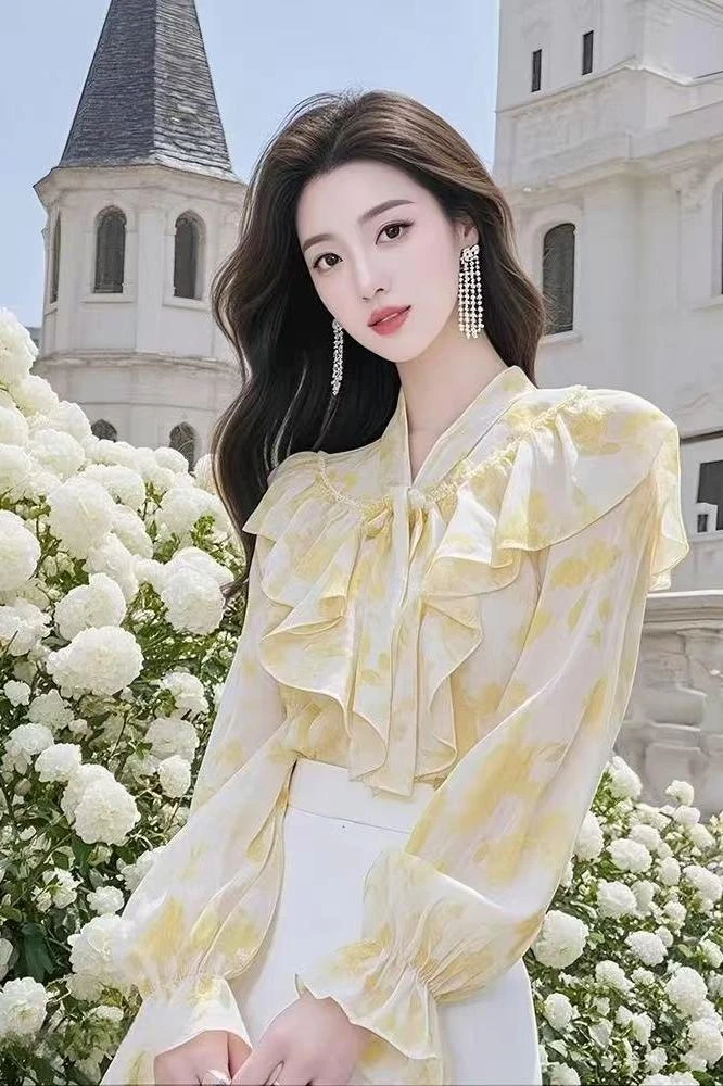 法式赫本风蝴蝶结荷叶边长袖衬衫女春季新款气质甜美印花上衣女