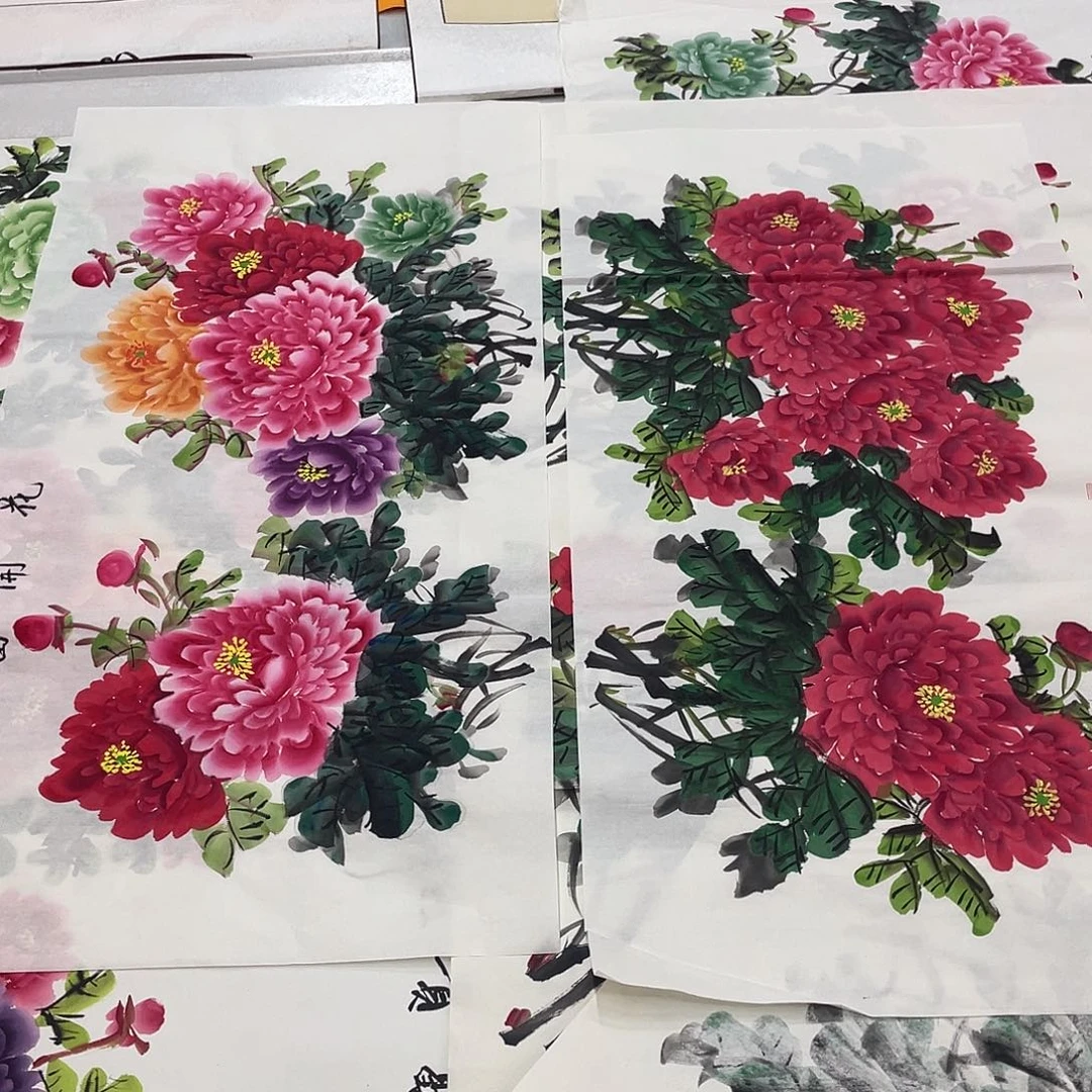国画国画作品书法作品原稿四尺横幅白底五彩➕红色