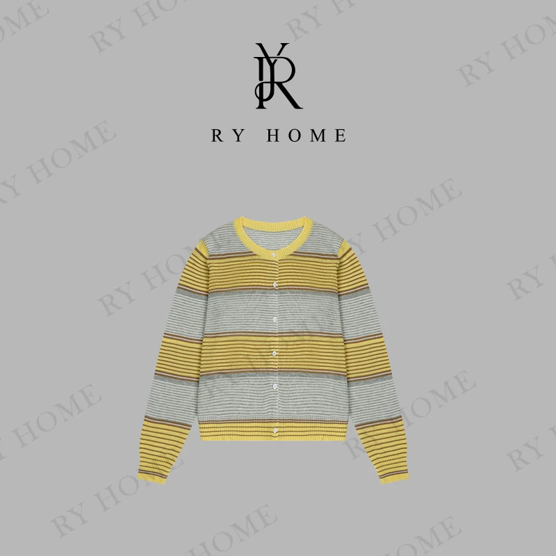 【容雨RYHOME】14针100%莱赛尔＋条纹圆领开衫毛衣251M2871
