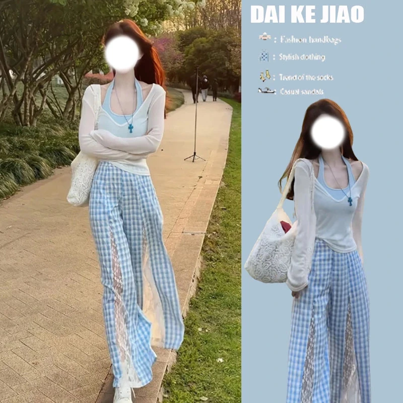 今年流行穿搭女2025夏季新款防晒罩衫挂脖背心蕾丝格子裤三件套装