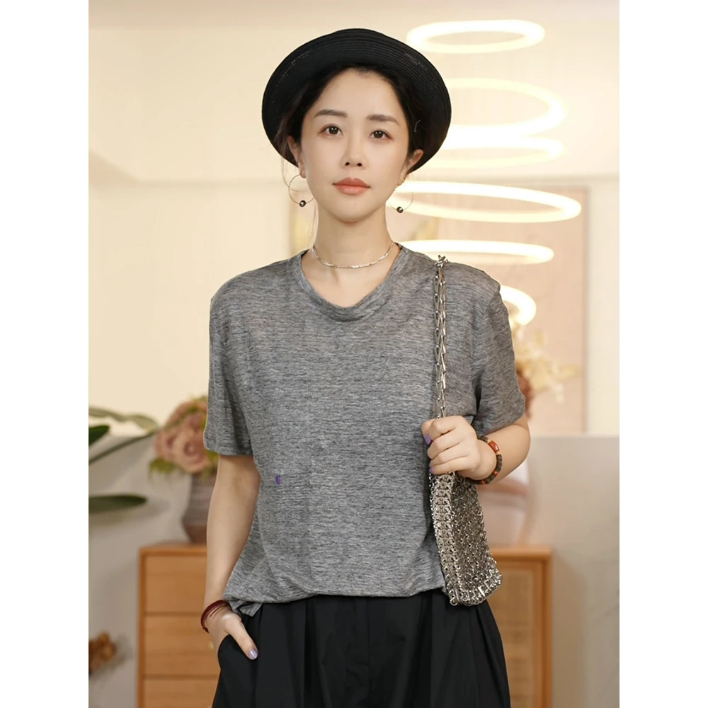 T【叭哒不惑】自然 亚麻短袖T恤薄款时尚休闲宽松舒适上衣女