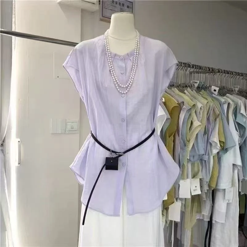 1044#2025夏季新款韩系时尚设计款圆领系带收腰显瘦短袖衬衫上衣