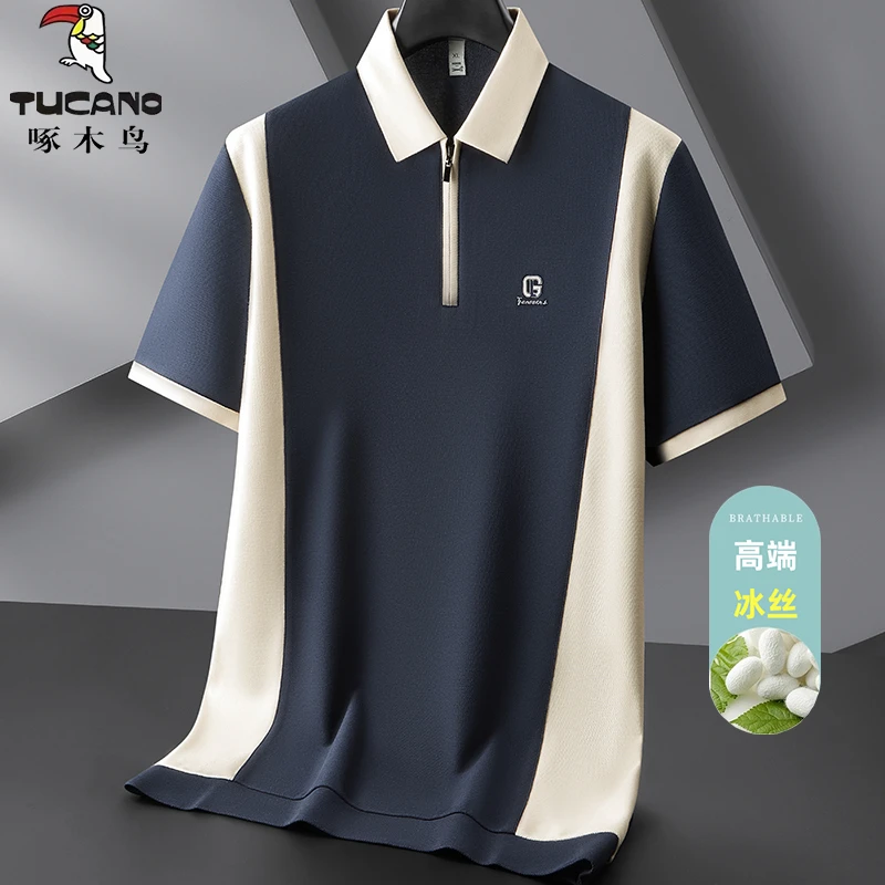 啄木鸟短袖polo衫男大码夏装冰丝上衣肥佬商务休闲半拉链翻领T恤