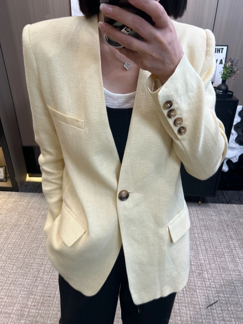 【艾米AMY-上衣】早秋V领一粒扣H型亚麻松弛慵懒都市西装外套25007