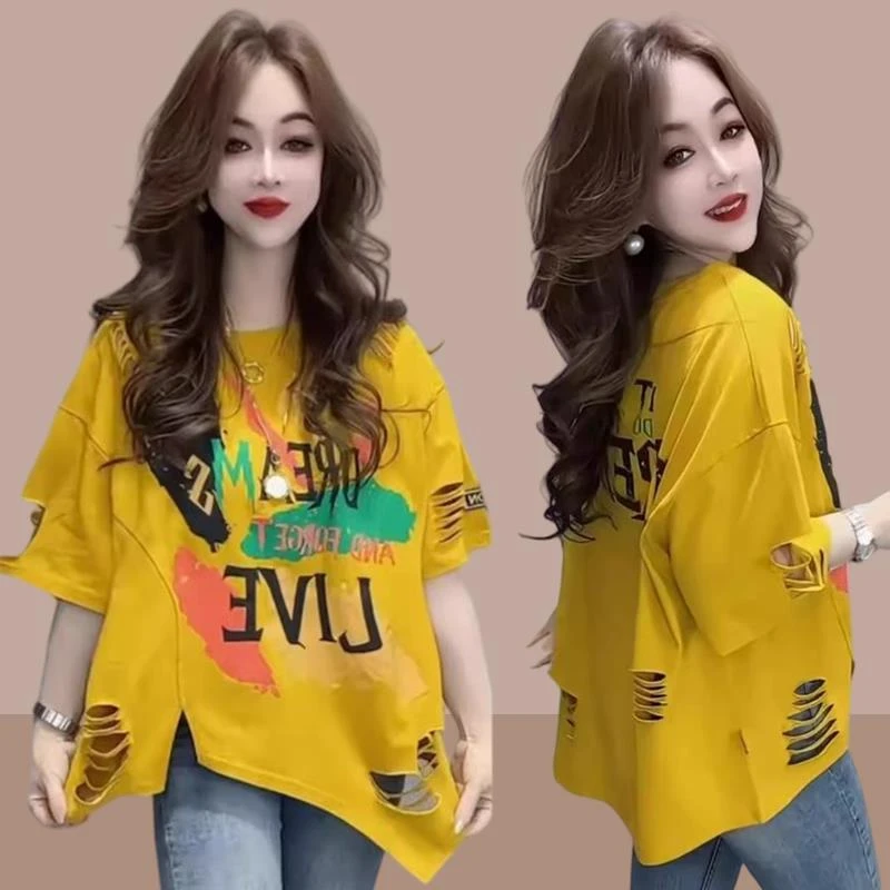 大码女装小个子破洞不规则上衣潮宽松休闲趣味字母涂鸦短袖t恤女