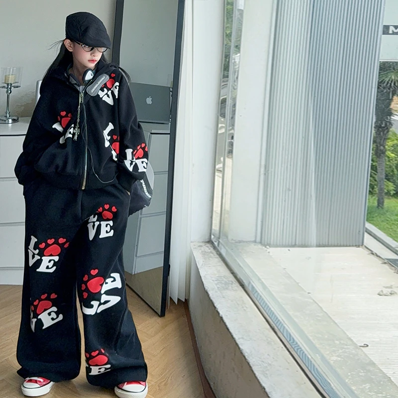 女童秋季时尚毛巾绣阔腿裤工装牛仔裤中大童时髦拼色卫衣打底衫潮