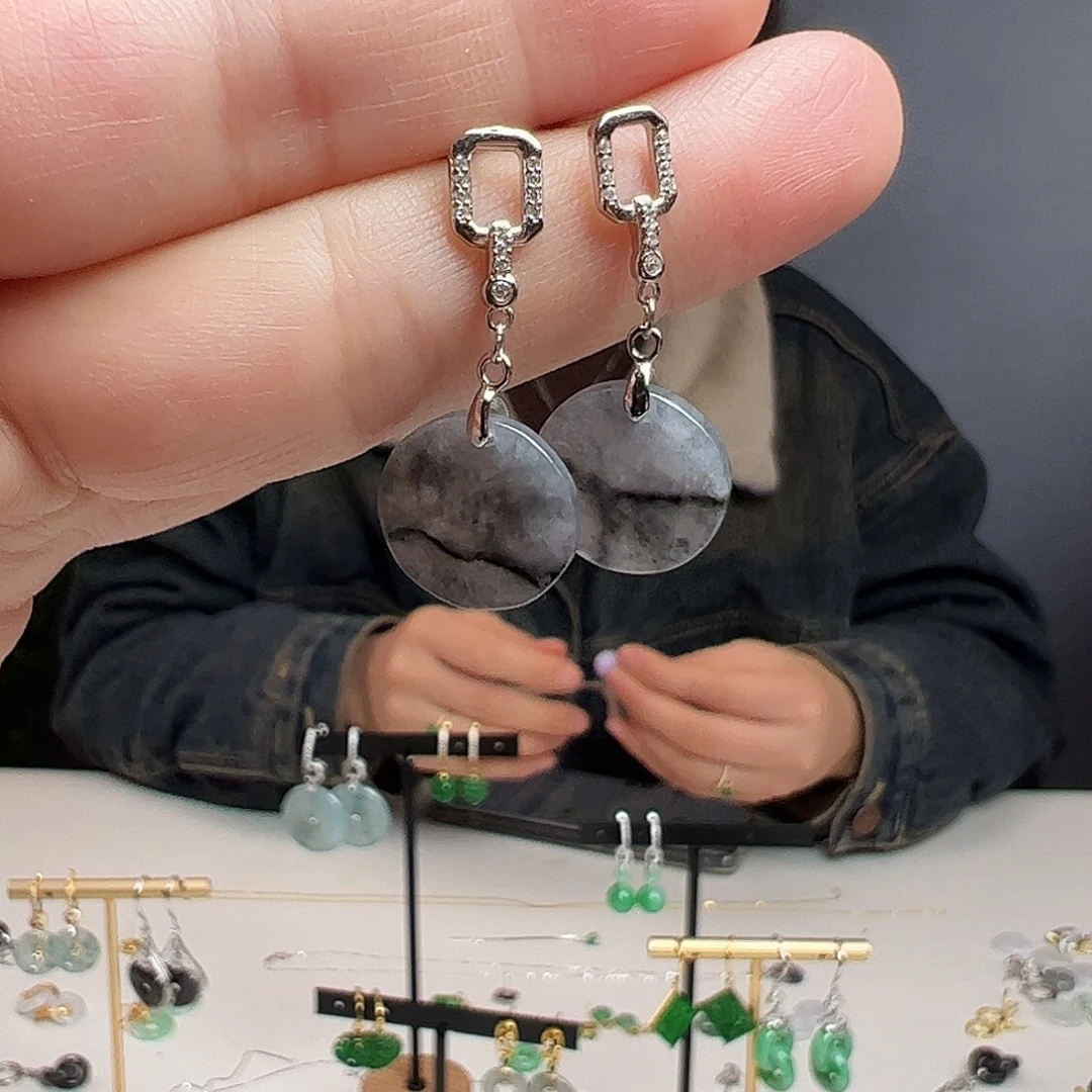 翡翠银S925镶嵌耳饰天然翡翠