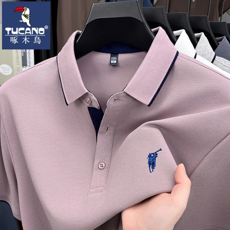 啄木鸟夏季男士纯色短袖POLO衫马标刺绣休闲翻领商务时尚宽松T恤