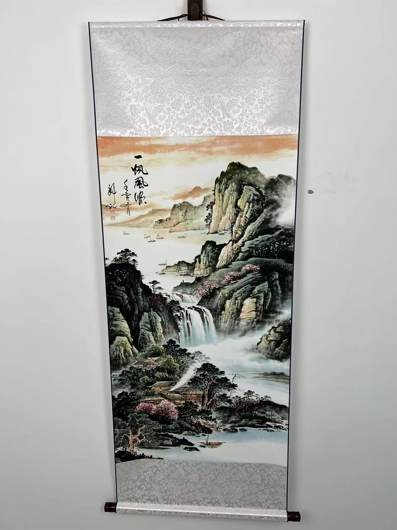 一帆风顺山水国画竖幅卷轴装饰画