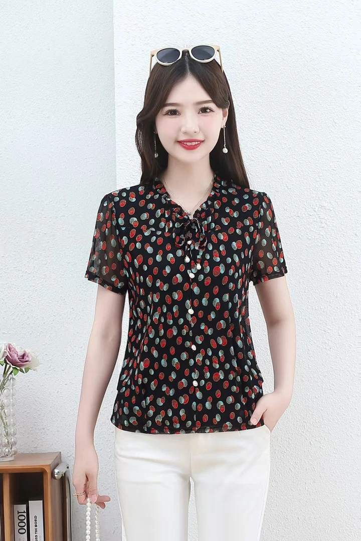 夏季新款短袖上衣弹力蕾丝网纱透气双层不透明吸汗透气时尚洋气衫