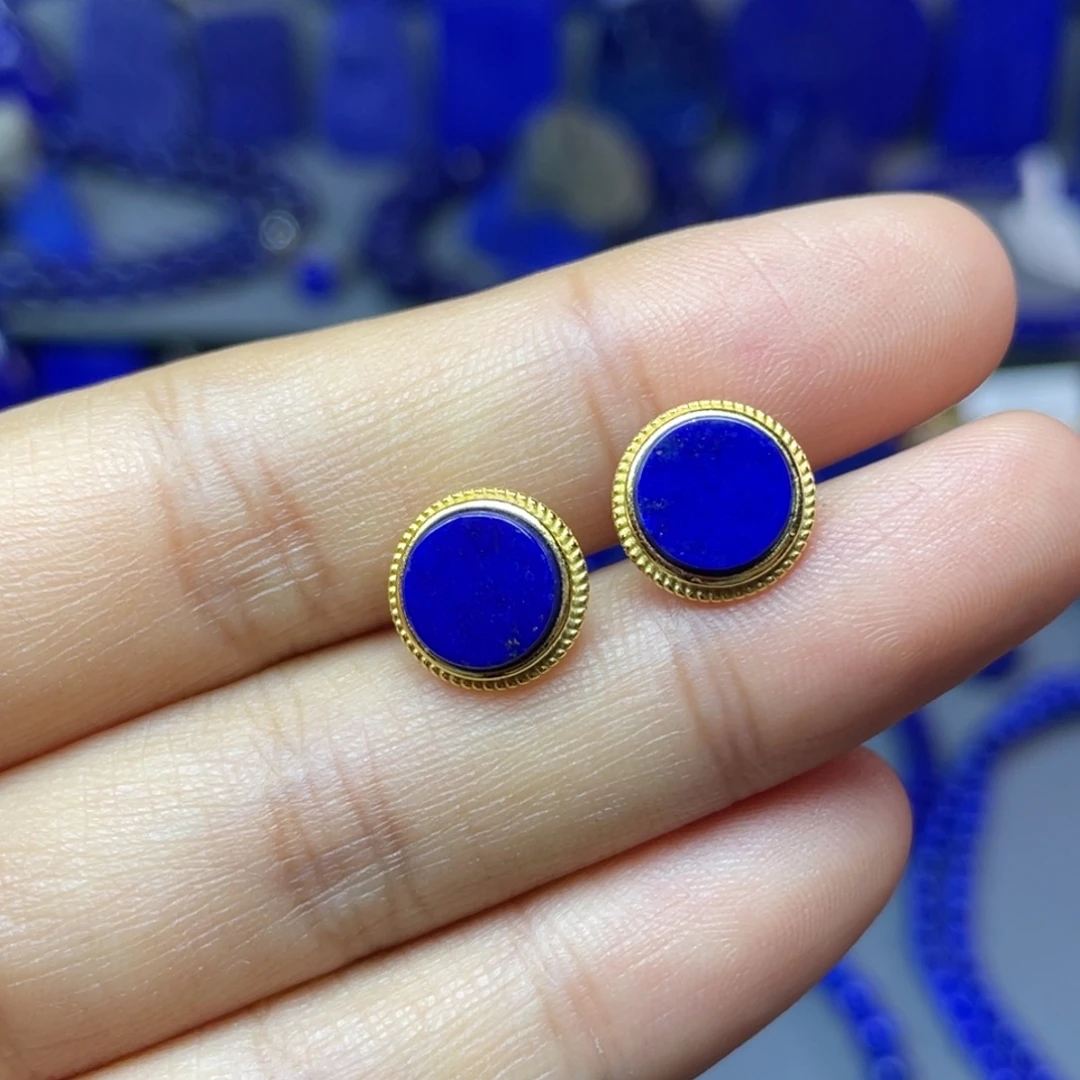 青金石银S925镀金镶嵌10mm耳饰