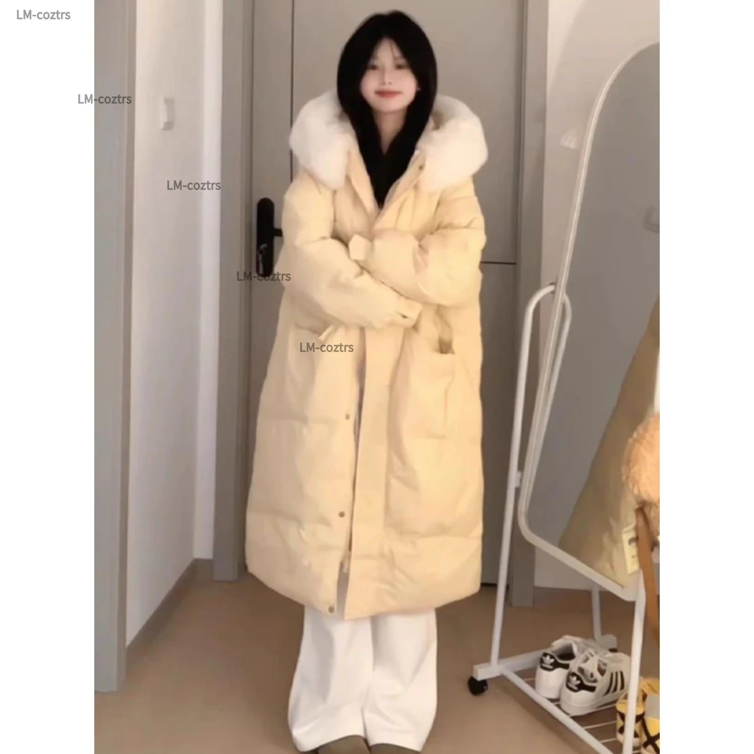 中长款棉服女2025新款冬季韩系宽松过膝大毛领加厚棉袄外套