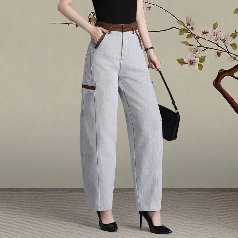 浅灰色高腰牛仔裤女2025春秋时尚大码拼接宽松显瘦阔腿休闲牛仔裤
