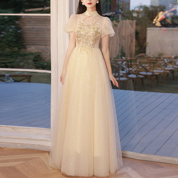 香槟色晚礼服女2025新款高端小众学生艺考宴会主持人长裙年会轻奢