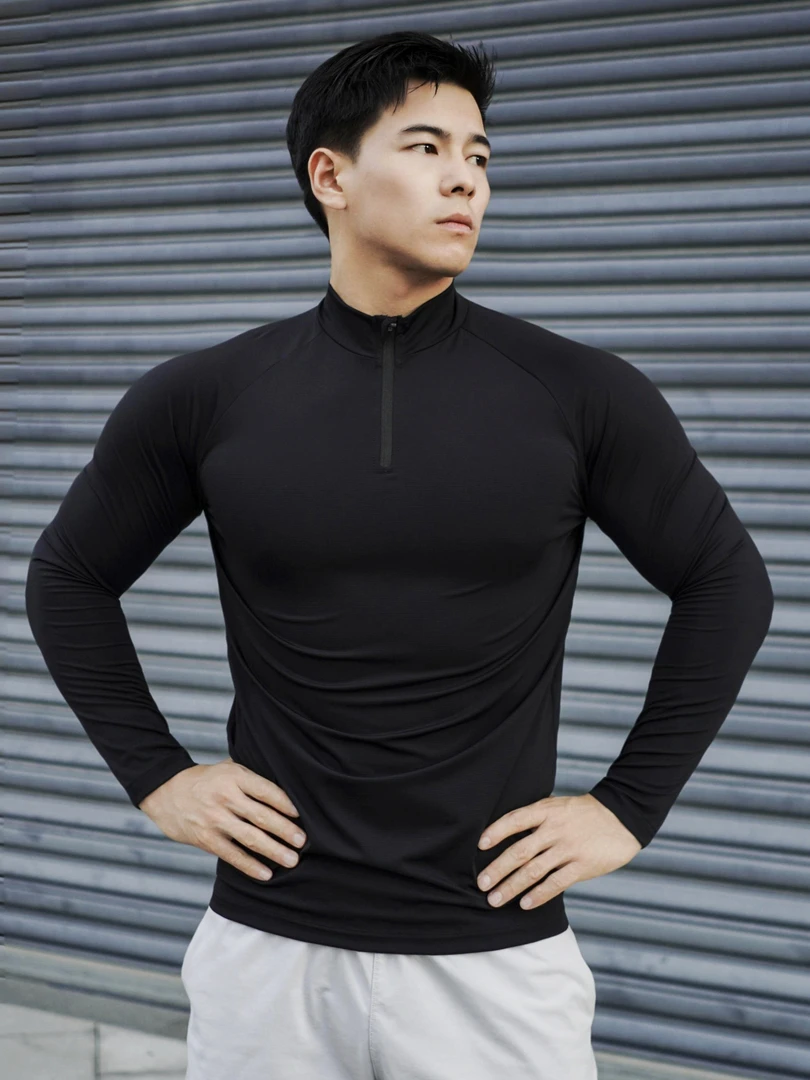 美式小方格冰丝质感运动长袖男士春秋透气健身T恤上衣训练服健身