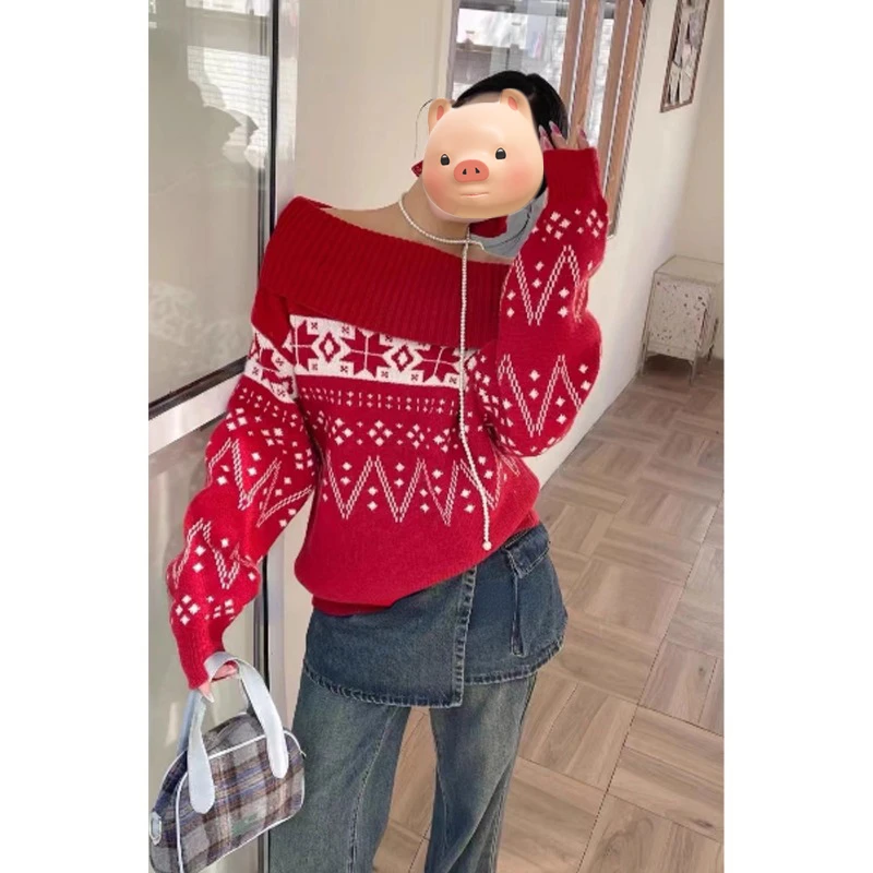 圣诞节穿搭红色一字肩费尔岛毛衣女秋冬季慵懒风高级感针织衫上衣