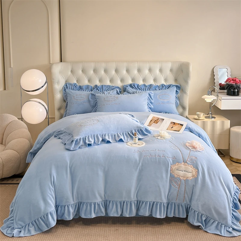 【陌上花开】A类加绒加厚牛奶绒贴布绣四件套韩版被套床裙款可机洗