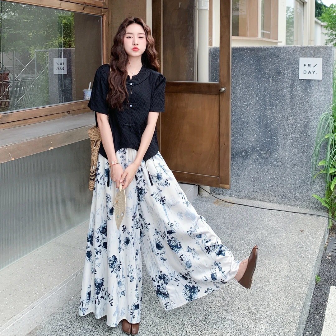 新中式国风套装夏气质高级感阔腿裤高腰显瘦垂感水墨画裤裙两件套