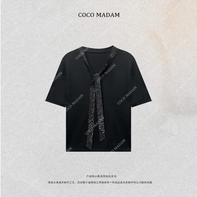 NIUNIU ·T-742 气质V领飘带法式优雅短袖上衣