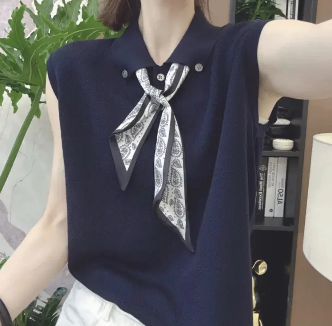 设计感韩版百搭修身显瘦女时尚翻领2025夏季新款丝巾针织无袖上衣