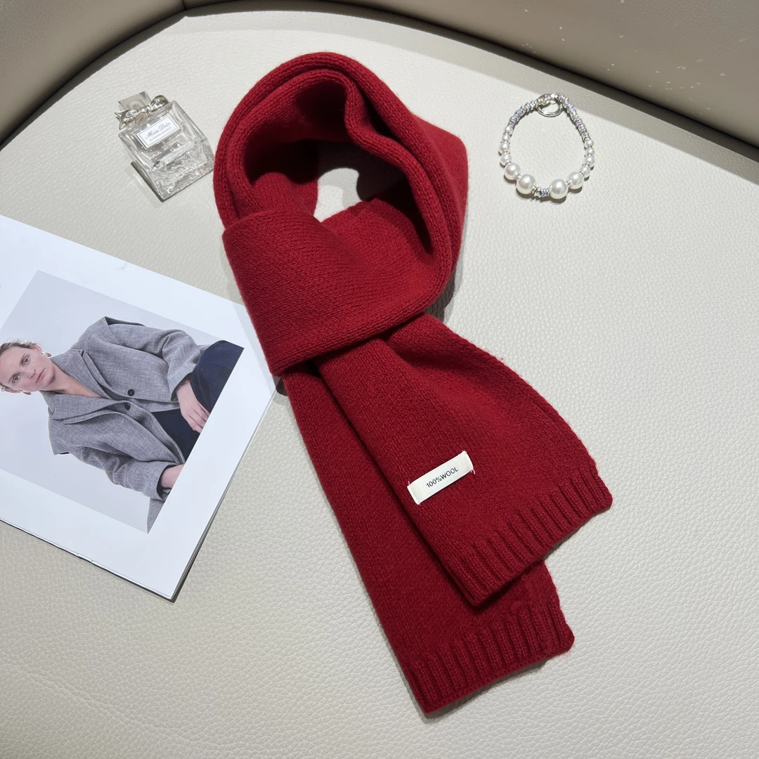 （澳羊100全羊毛）围巾冬季保暖百搭精品针织红色秋冬季纯色时尚