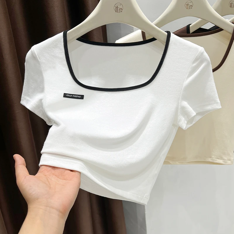 方领露锁骨白色正肩短袖上衣秋季短款高腰修身T恤薄款大领口内搭