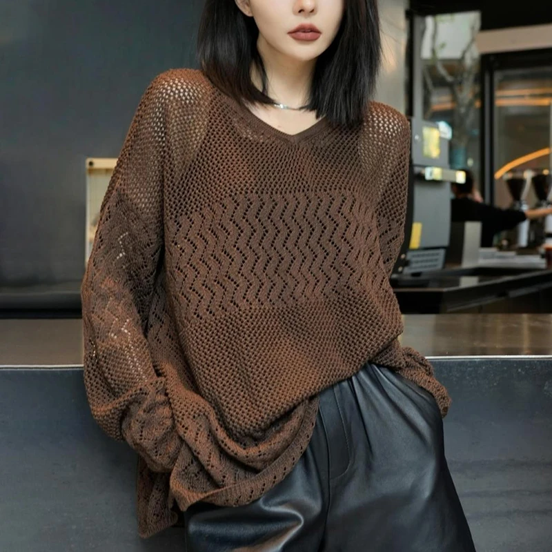 女士V领长袖镂空针织衫2025早秋新款宽慵懒显瘦薄款防晒罩衫上衣