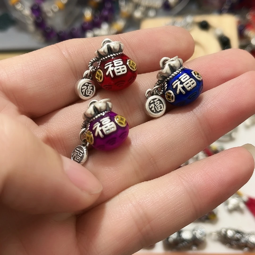 吊坠足银珐琅福袋一个
