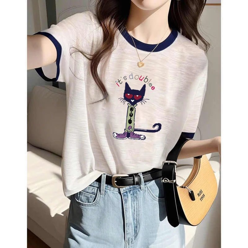 雪花棉印花小众洋气上衣女2025夏季半袖新款薄款拼接圆领白色t恤