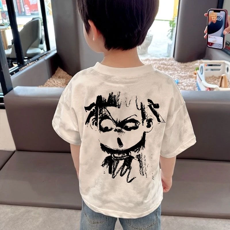 儿童哪吒T恤100%纯棉男女童插肩短袖新款上衣韩版扎染时髦洋气T恤